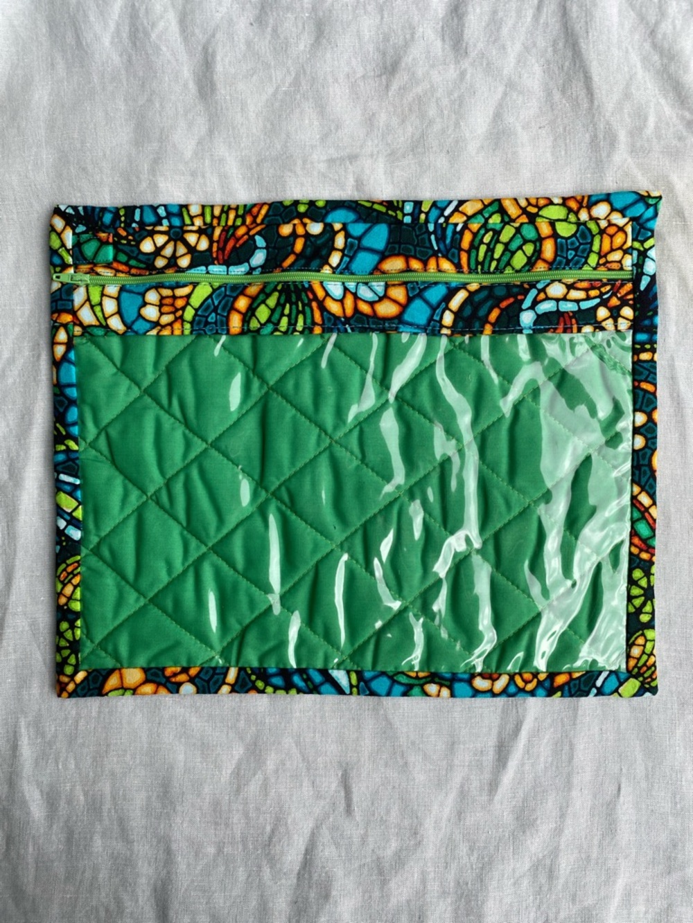 Handmade 13” x 11” stained glass fabric cross stitch vinyl front project bag